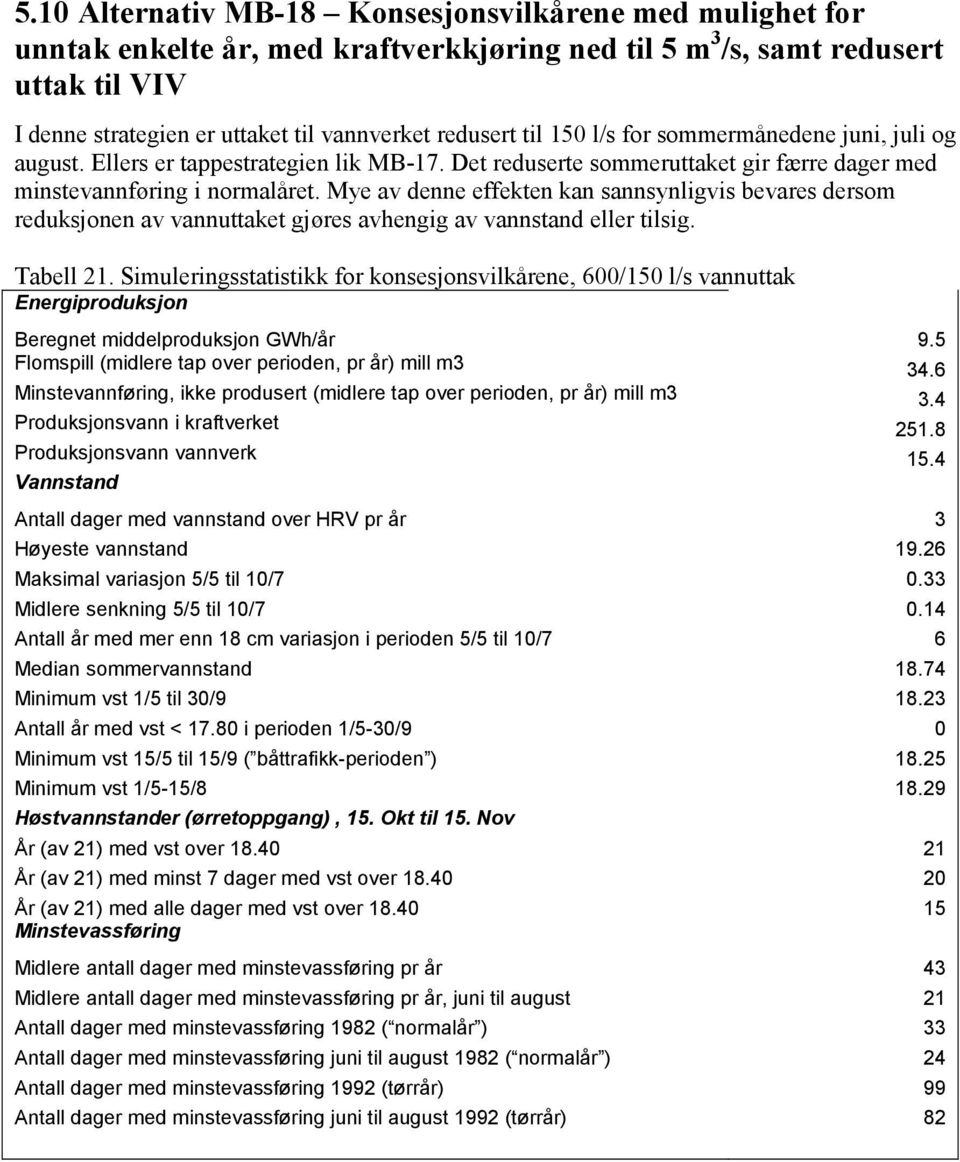 Mye av denne effekten kan sannsynligvis bevares dersom reduksjonen av vannuttaket gjøres avhengig av vannstand eller tilsig. Tabell 21.