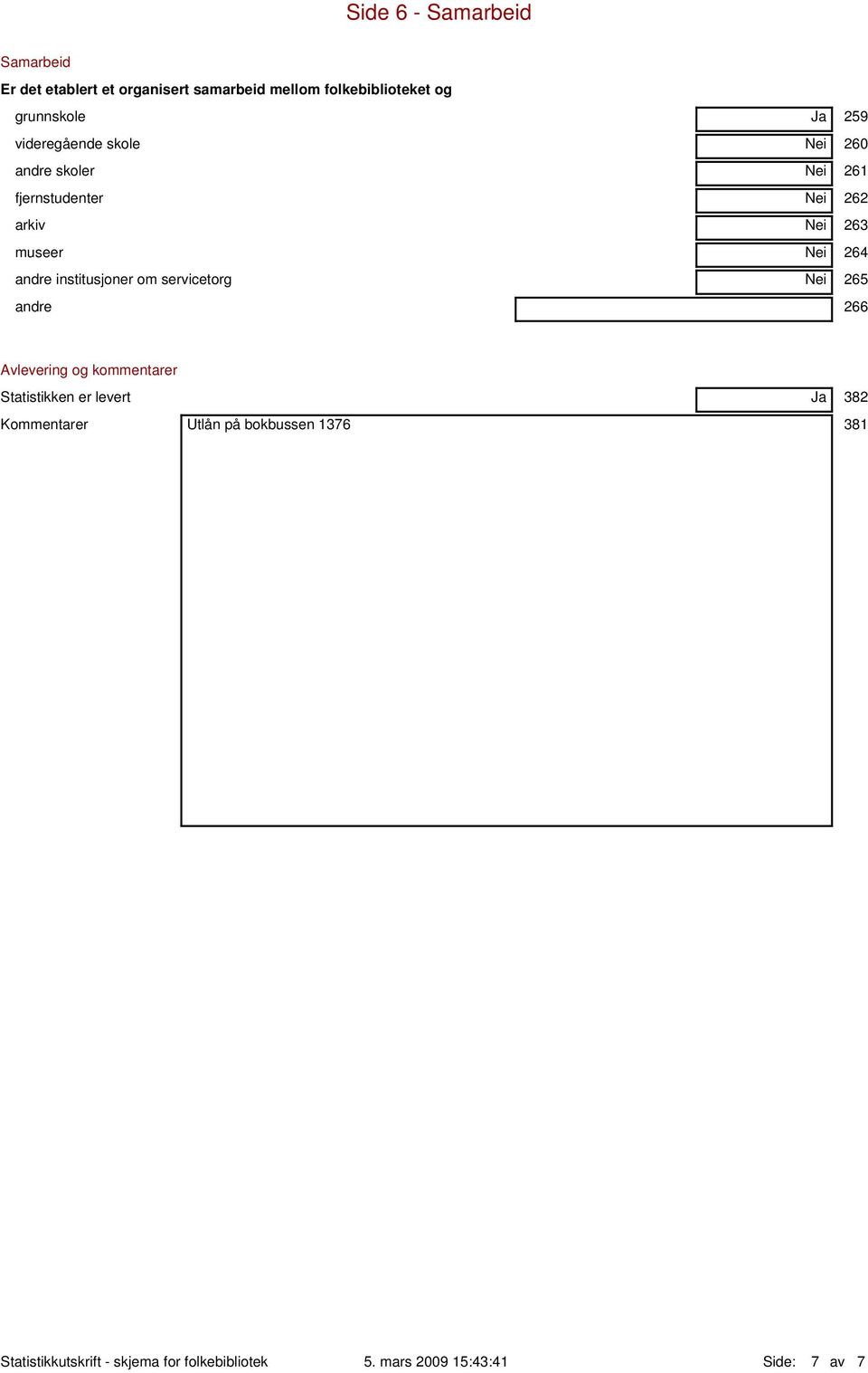 institusjoner om servicetorg Nei 265 andre 266 Avlevering og kommentarer Statistikken er levert Ja 382