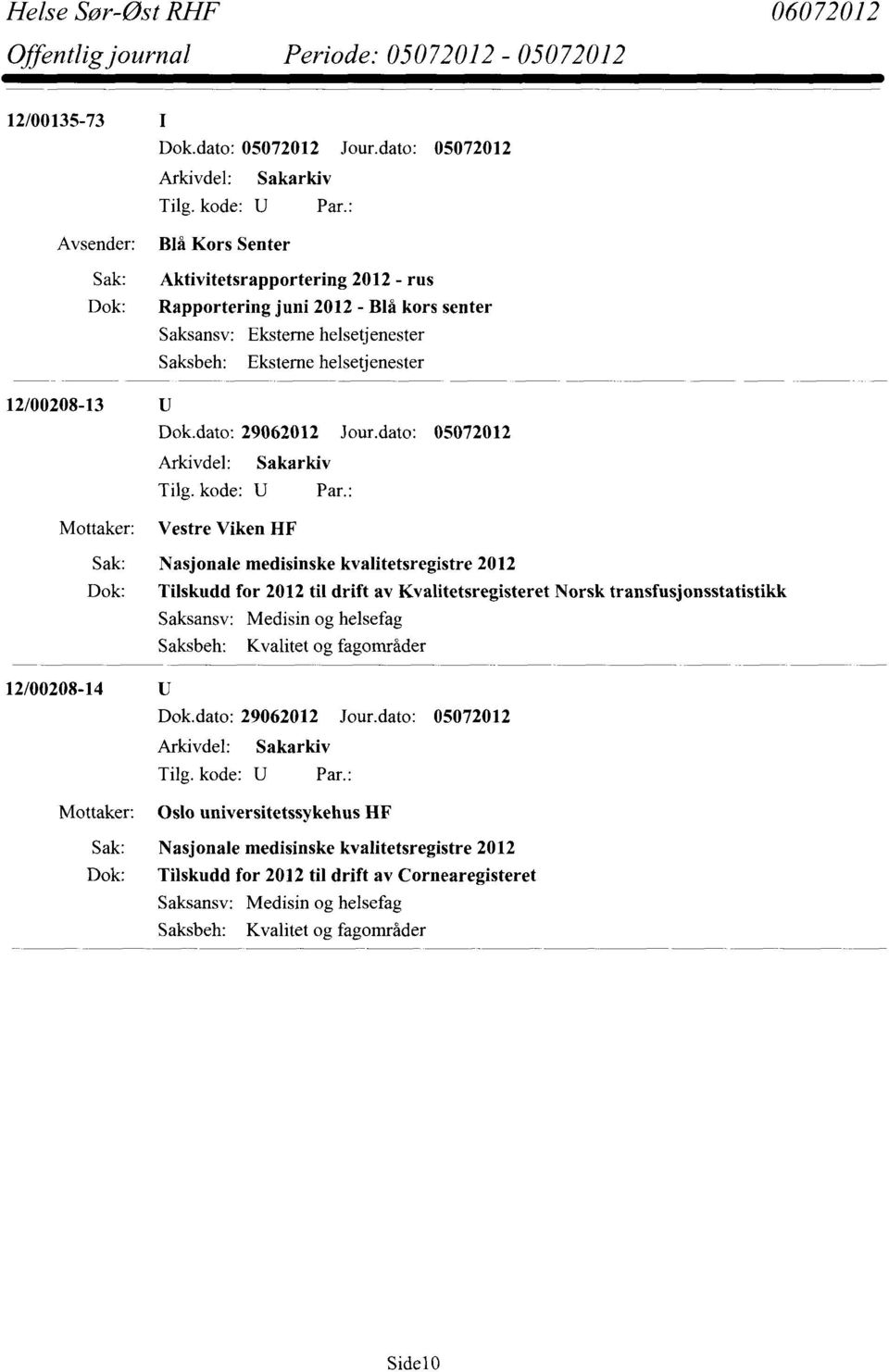 dato: 05072012 Vestre Viken HF Sak: Nasjonale medisinske kvalitetsregistre 2012 Dok: Tilskudd for 2012 til drift av Kvalitetsregisteret