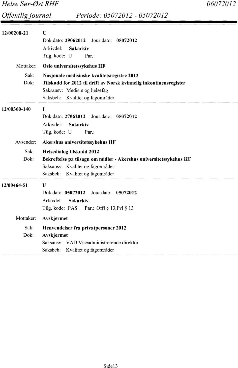 kvinnelig inkontinensregister 12/00360-140 I Dok.dato: 27062012 Jour.