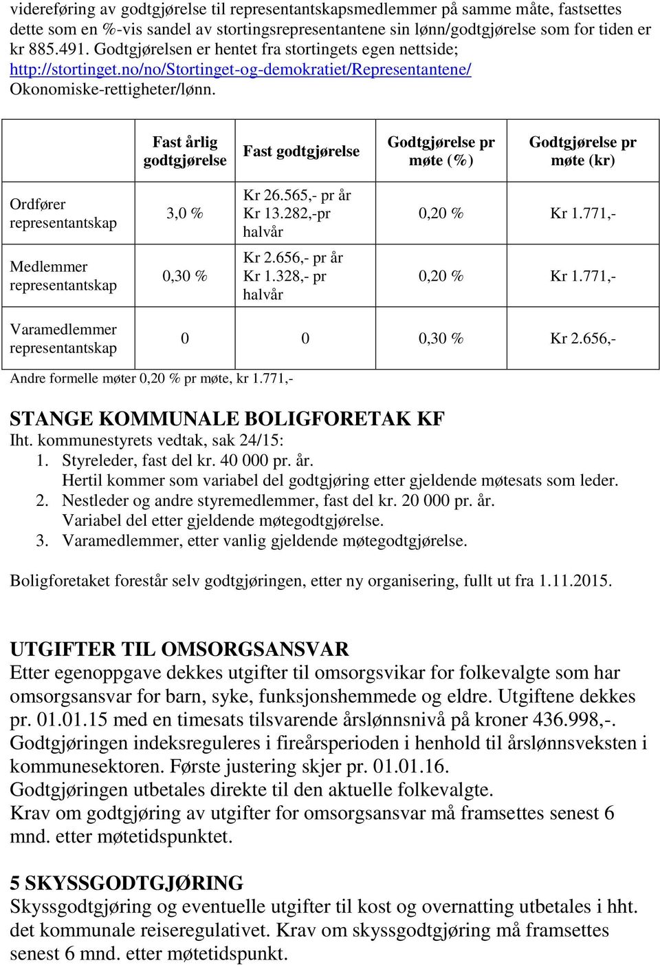 Fast årlig godtgjørelse Fast godtgjørelse Godtgjørelse pr møte (%) Godtgjørelse pr møte (kr) Ordfører representantskap 3,0 % Kr 26.565,- pr år Kr 13.282,-pr halvår 0,20 % Kr 1.