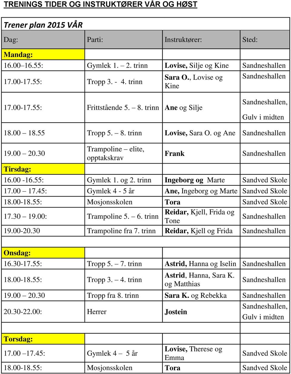 00-16.55: Gymlek 1. og 2. trinn Ingeborg og Marte Sandved Skole 17.00 17.45: Gymlek 4-5 år Ane, Ingeborg og Marte Sandved Skole 18.00-18.55: Mosjonsskolen Tora Sandved Skole 17.30 19.00: Trampoline 5.