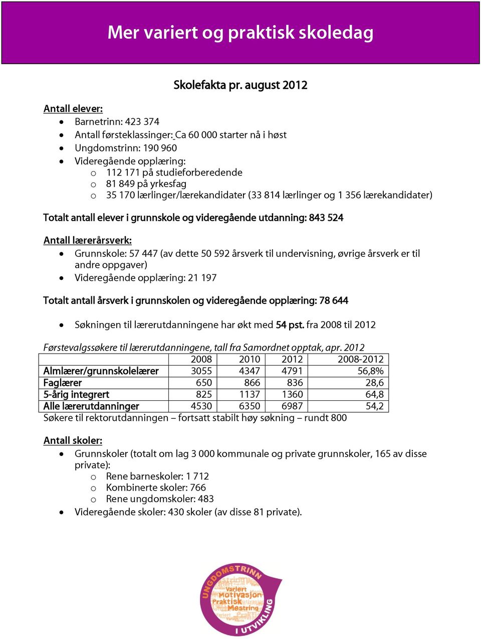 o 35 170 lærlinger/lærekandidater (33 814 lærlinger og 1 356 lærekandidater) Totalt antall elever i grunnskole og videregående utdanning: 843 524 Antall lærerårsverk: Grunnskole: 57 447 (av dette 50