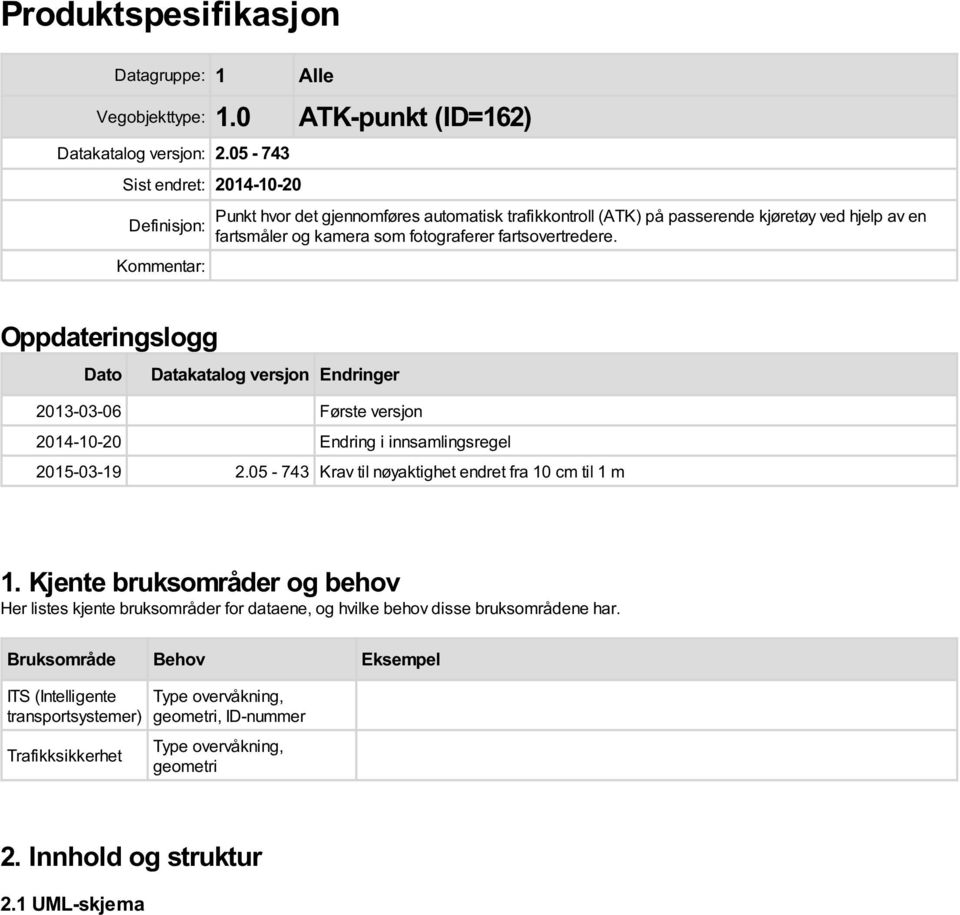 som fotograferer fartsovertredere. Oppdateringslogg Dato Datakatalog versjon Endringer 2013-03-06 Første versjon 2014-10-20 Endring i innsamlingsregel 2015-03-19 2.