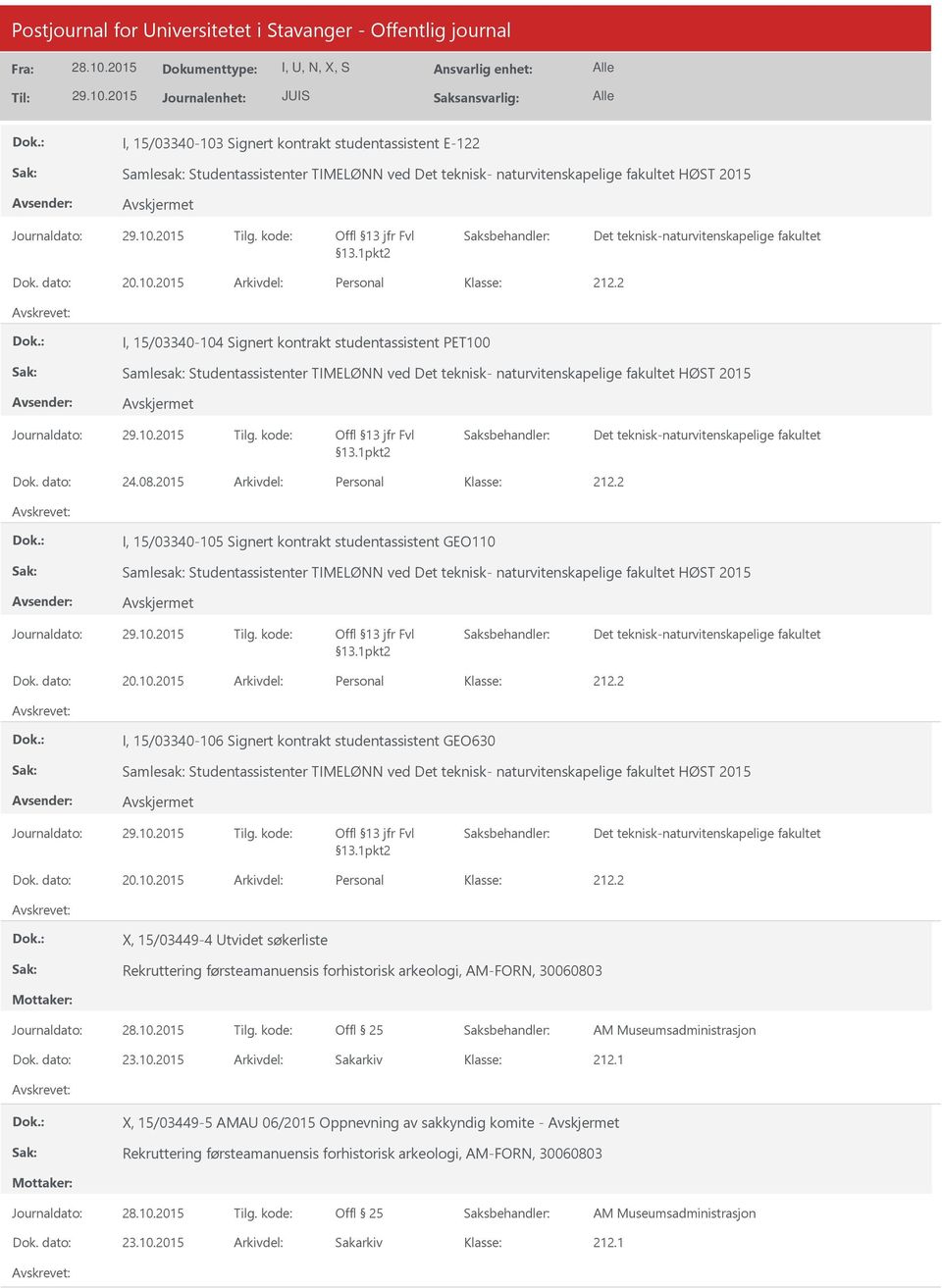 2 I, 15/03340-104 Signert kontrakt studentassistent PET100 Samlesak: Studentassistenter TIMELØNN ved Det teknisk- naturvitenskapelige fakultet HØST 2015 Offl 13 jfr Fvl 13.1pkt2 Dok. dato: 24.08.