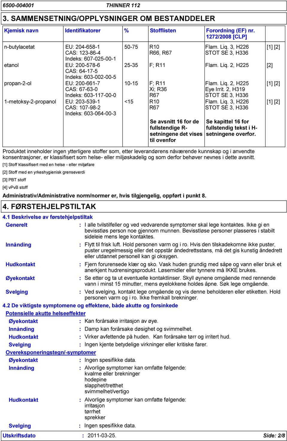 Identifikatorer % Stofflisten Forordning (EF) nr. 1272/2008 [CLP] 50-75 R10 R66, R67 Flam. Liq.