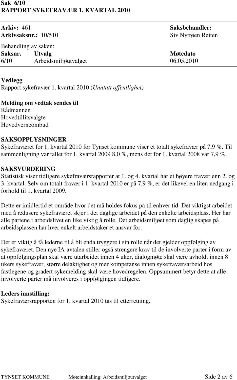 Til sammenligning var tallet for 1. kvartal 2009 8,0 %, mens det for 1. kvartal 2008 var 7,9 %. Statistisk viser tidligere sykefraværsrapporter at 1. og 4. kvartal har et høyere fravær enn 2. og 3.