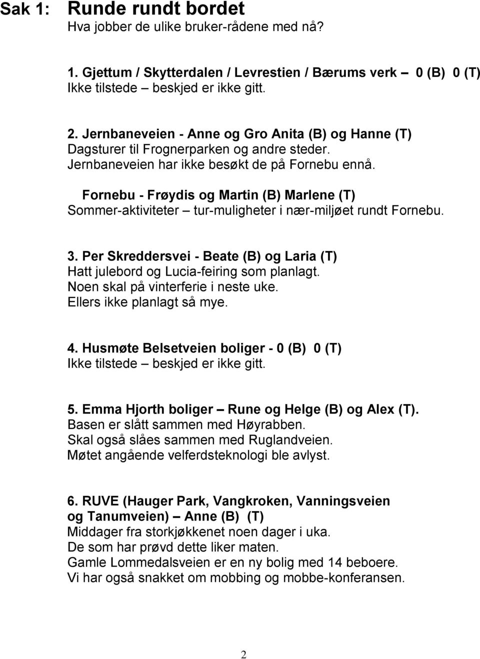 Fornebu - Frøydis og Martin (B) Marlene (T) Sommer-aktiviteter tur-muligheter i nær-miljøet rundt Fornebu. 3. Per Skreddersvei - Beate (B) og Laria (T) Hatt julebord og Lucia-feiring som planlagt.