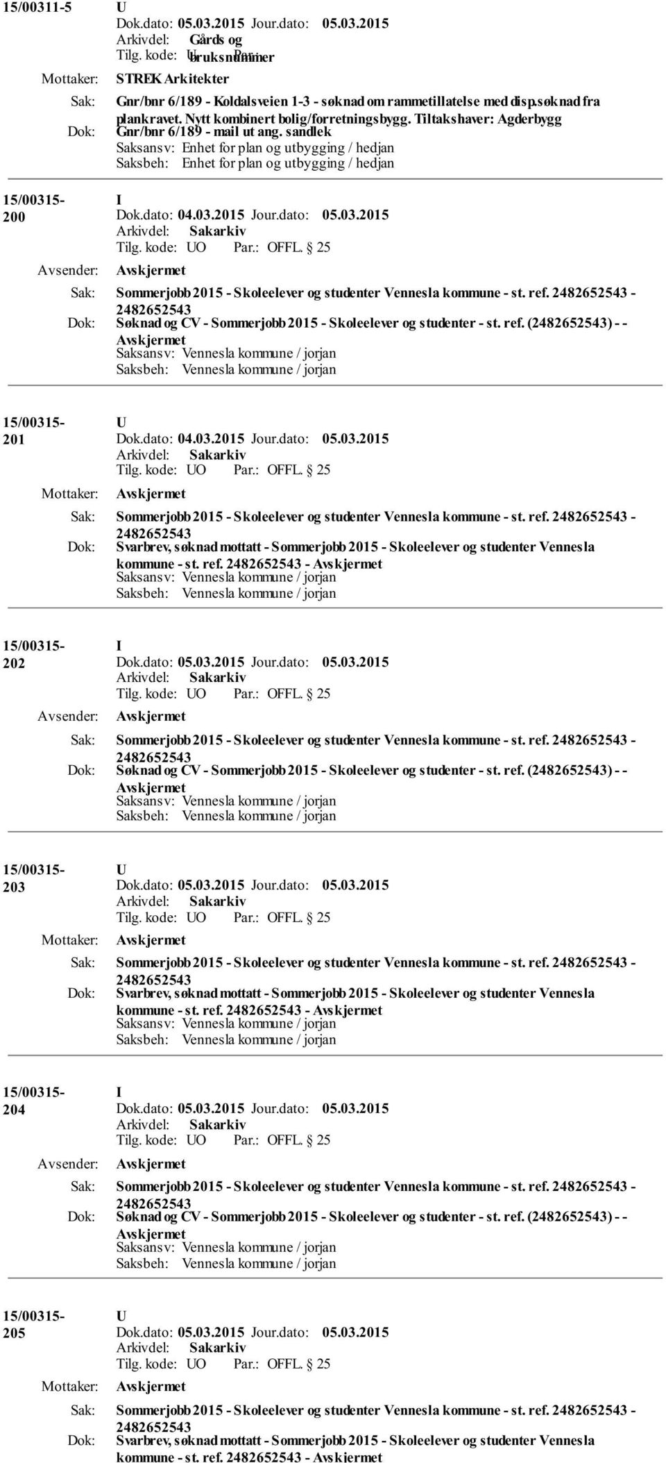 sandlek Saksansv: Enhet for plan og utbygging / hedjan Saksbeh: Enhet for plan og utbygging / hedjan 200 I Sommerjobb 2015 - Skoleelever og studenter Vennesla kommune - st. ref.