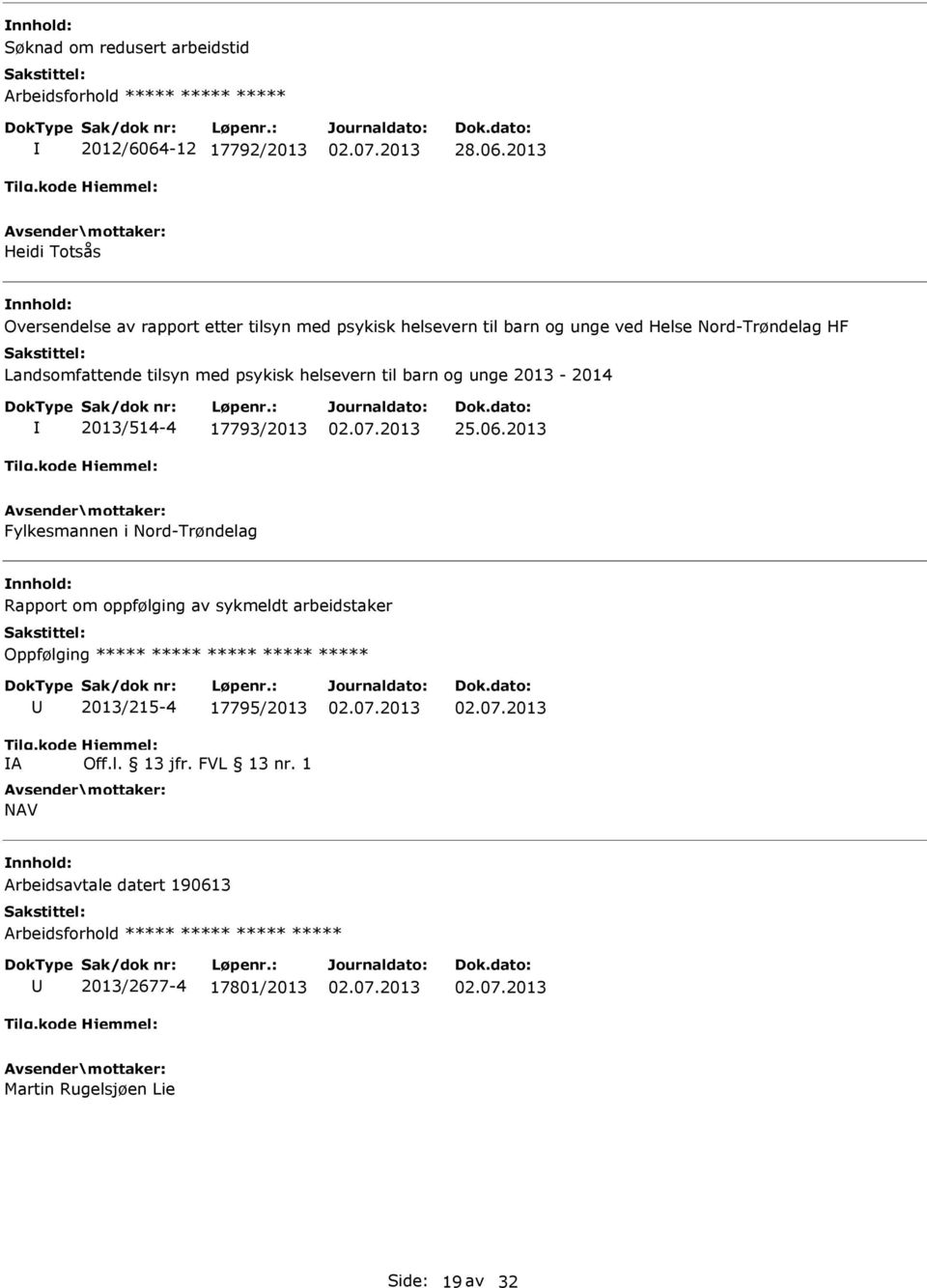 2013 Heidi Totsås Oversendelse av rapport etter tilsyn med psykisk helsevern til barn og unge ved Helse Nord-Trøndelag HF Landsomfattende tilsyn med