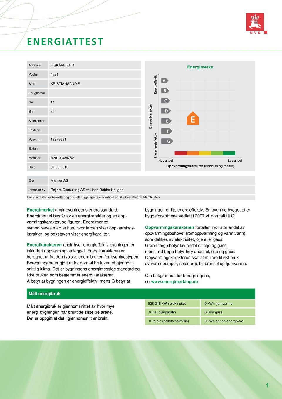 Bygningens eierforhold er ikke bekreftet fra Matrikkelen Energimerket angir bygningens energistandard. Energimerket består av en energikarakter og en oppvarmingskarakter, se figuren.