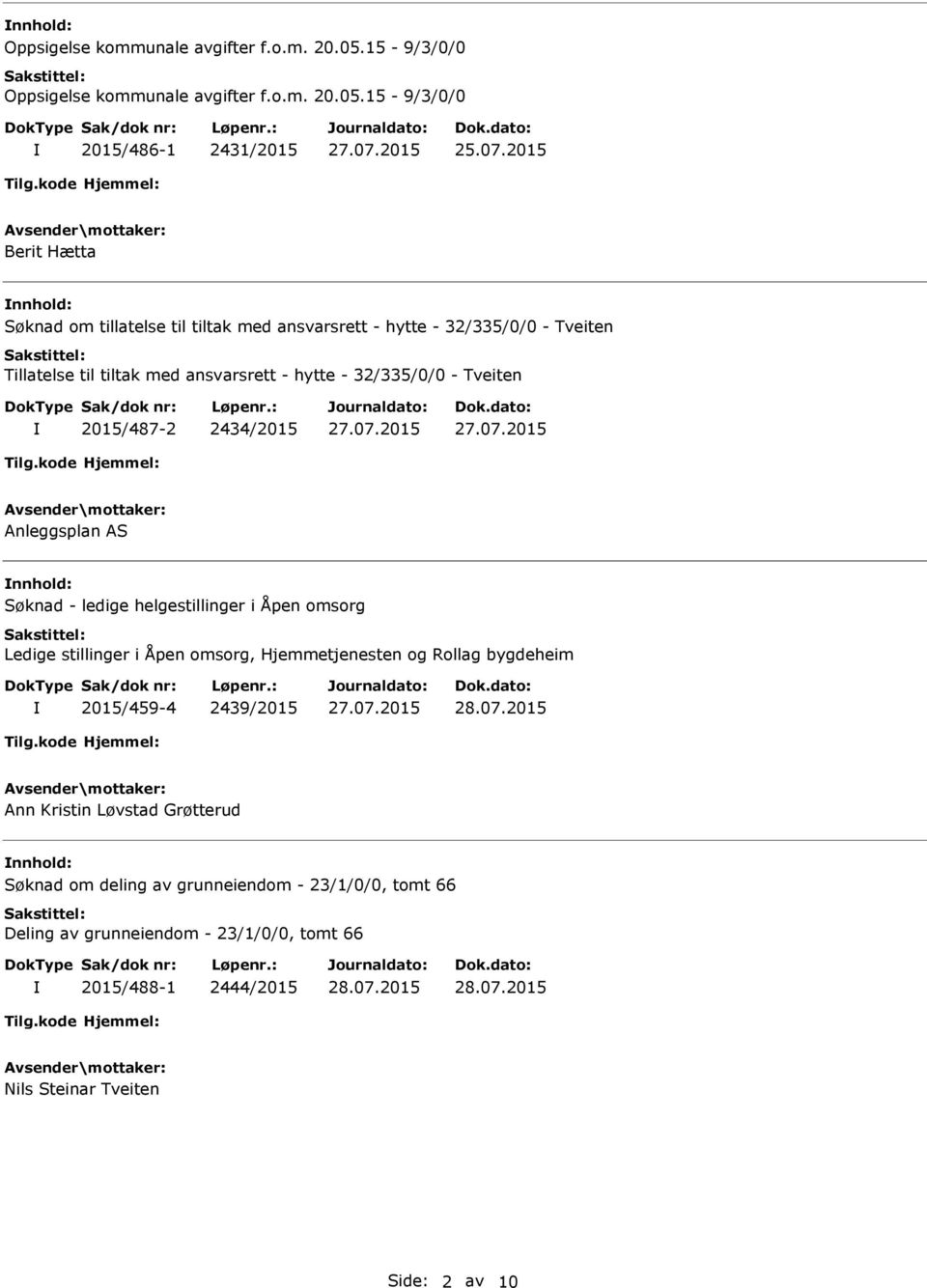 Tveiten 2015/487-2 2434/2015 Anleggsplan AS nnhold: Søknad - ledige helgestillinger i Åpen omsorg Ledige stillinger i Åpen omsorg, Hjemmetjenesten og Rollag bygdeheim