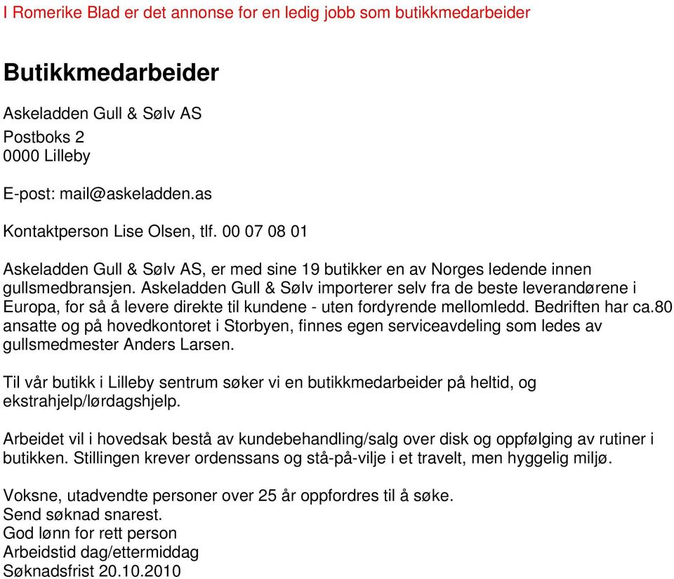 I Romerike Blad er det annonse for en ledig jobb som butikkmedarbeider -  PDF Gratis nedlasting