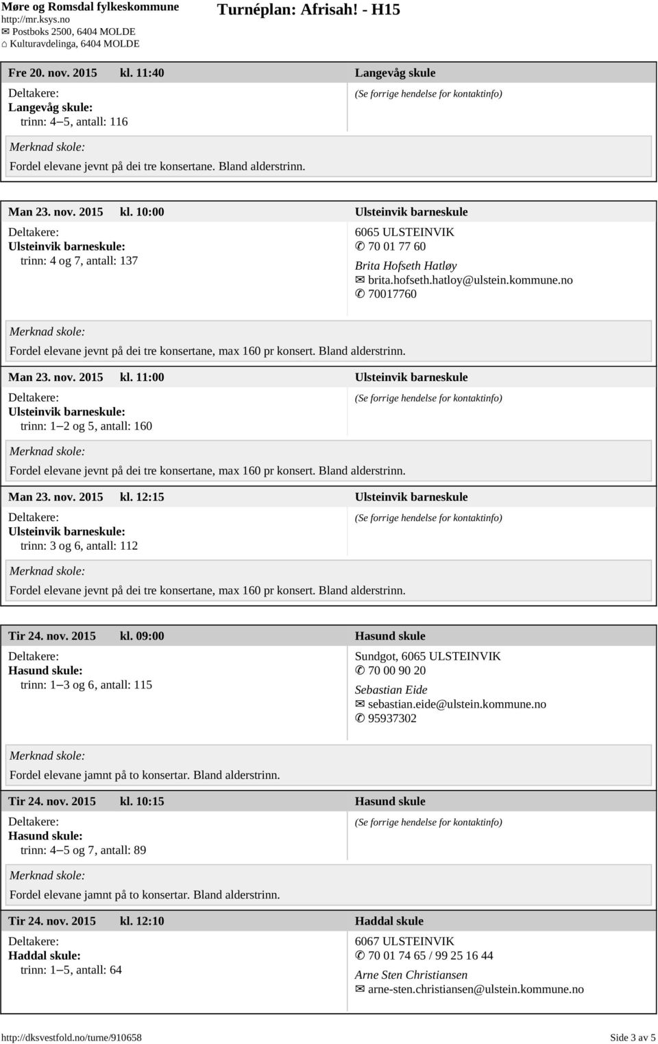 nov. 2015 kl. 09:00 Hasund skule Hasund skule: trinn: 1 3 og 6, antall: 115 Sundgot, 6065 ULSTEINVIK 70 00 90 20 Sebastian Eide sebastian.eide@ulstein.kommune.