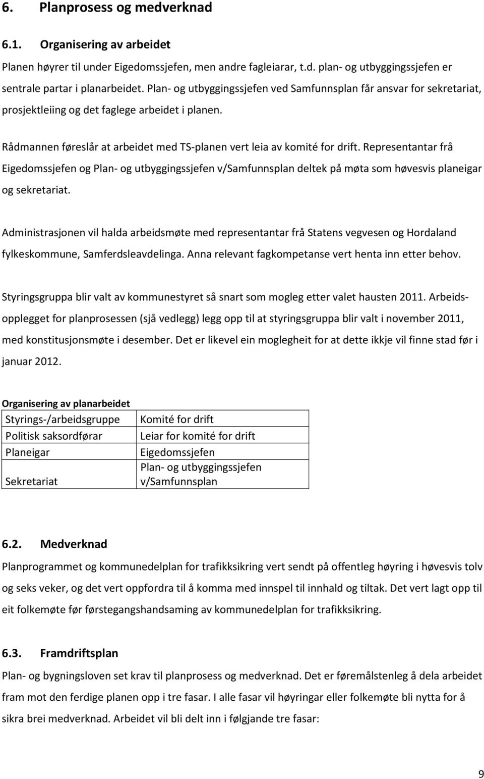 Representantar frå Eigedomssjefen og Plan- og utbyggingssjefen v/samfunnsplan deltek på møta som høvesvis planeigar og sekretariat.