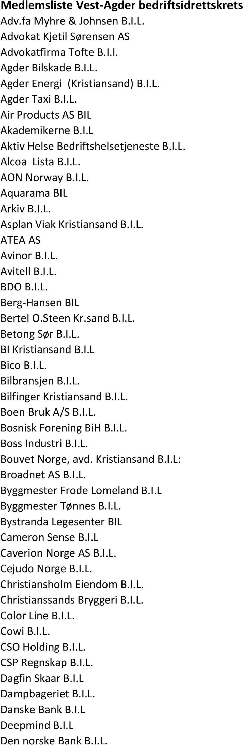 I.L. BI Kristiansand B.I.L Bico B.I.L. Bilbransjen B.I.L. Bilfinger Kristiansand B.I.L. Boen Bruk A/S B.I.L. Bosnisk Forening BiH B.I.L. Boss Industri B.I.L. Bouvet Norge, avd. Kristiansand B.I.L: Broadnet AS B.
