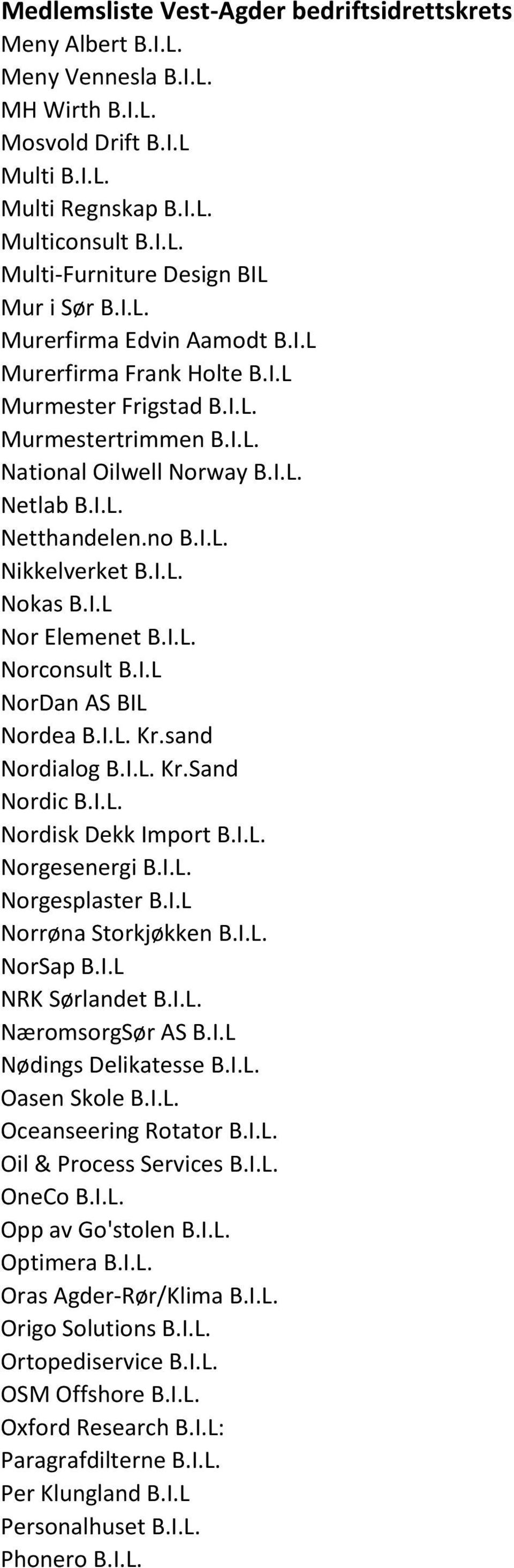 I.L NorDan AS BIL Nordea B.I.L. Kr.sand Nordialog B.I.L. Kr.Sand Nordic B.I.L. Nordisk Dekk Import B.I.L. Norgesenergi B.I.L. Norgesplaster B.I.L Norrøna Storkjøkken B.I.L. NorSap B.I.L NRK Sørlandet B.