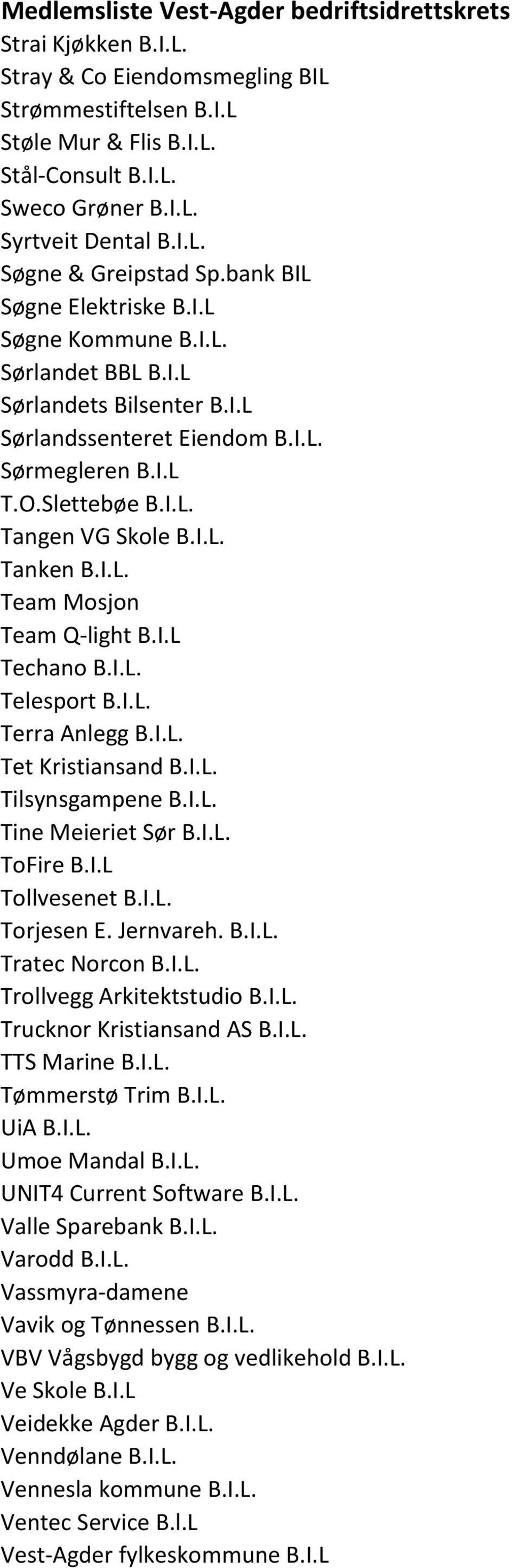I.L. Team Mosjon Team Q-light B.I.L Techano B.I.L. Telesport B.I.L. Terra Anlegg B.I.L. Tet Kristiansand B.I.L. Tilsynsgampene B.I.L. Tine Meieriet Sør B.I.L. ToFire B.I.L Tollvesenet B.I.L. Torjesen E.