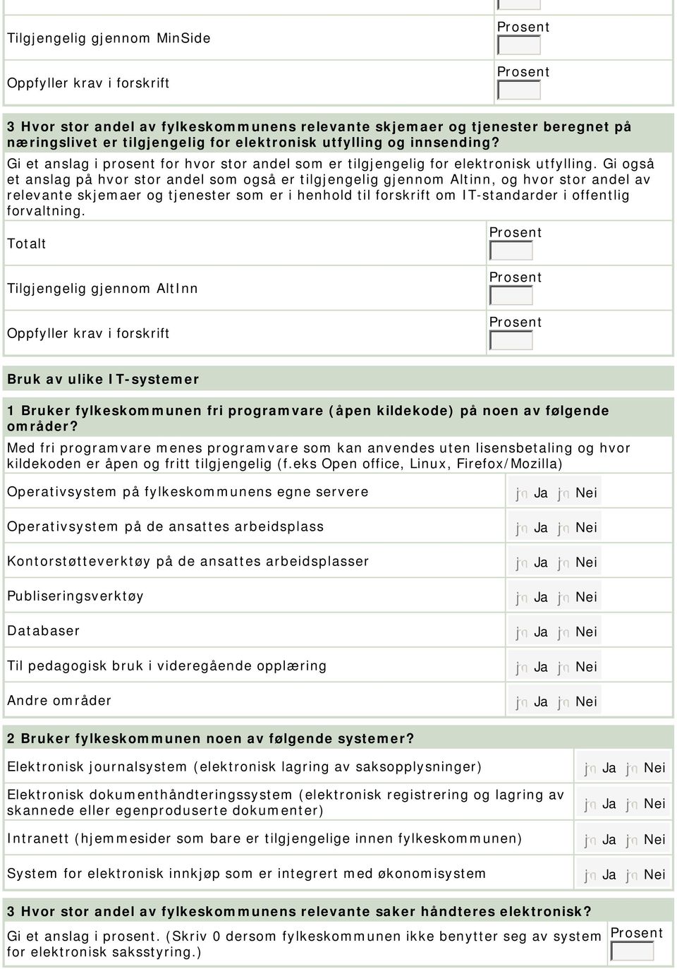 Gi også et anslag på hvor stor andel som også er tilgjengelig gjennom Altinn, og hvor stor andel av relevante skjemaer og tjenester som er i henhold til forskrift om IT-standarder i offentlig