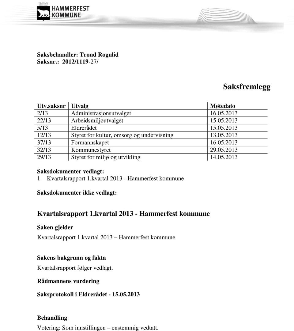 kvartal 2013 - Hammerfest kommune Saksdokumenter ikke vedlagt: Kvartalsrapport 1.kvartal 2013 - Hammerfest kommune Saken gjelder Kvartalsrapport 1.