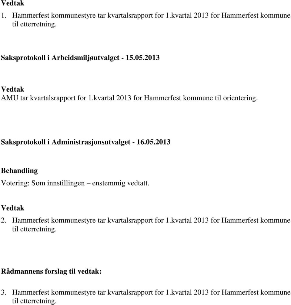 Saksprotokoll i Administrasjonsutvalget - 16.05.2013 Behandling Votering: Som innstillingen enstemmig vedtatt. Vedtak 2.