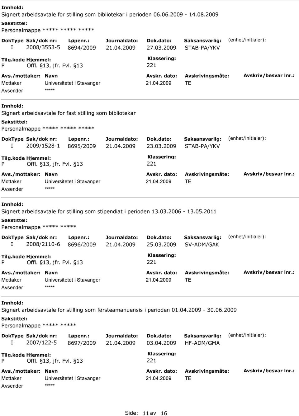 2009 TAB-A/YKV TE nnhold: ignert arbeidsavtale for stilling som stipendiat i perioden 13.03.2006-13.05.2011 ersonalmappe 2008/2110-6 8696/2009 25.