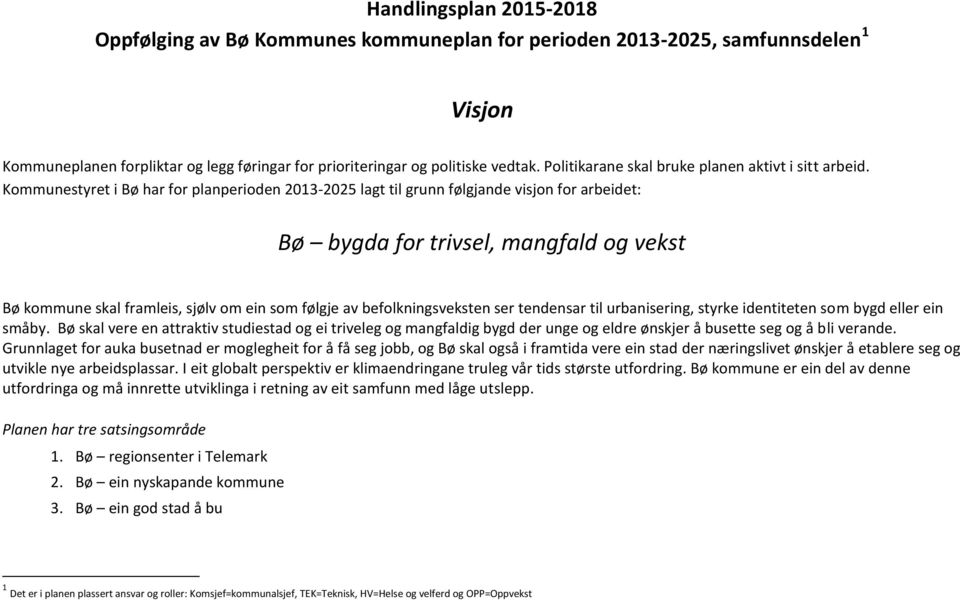 Kommunestyret i Bø har for planperioden 2013-2025 lagt til grunn følgjande visjon for arbeidet: Bø bygda for trivsel, mangfald og vekst Bø kommune skal framleis, sjølv om ein som følgje av