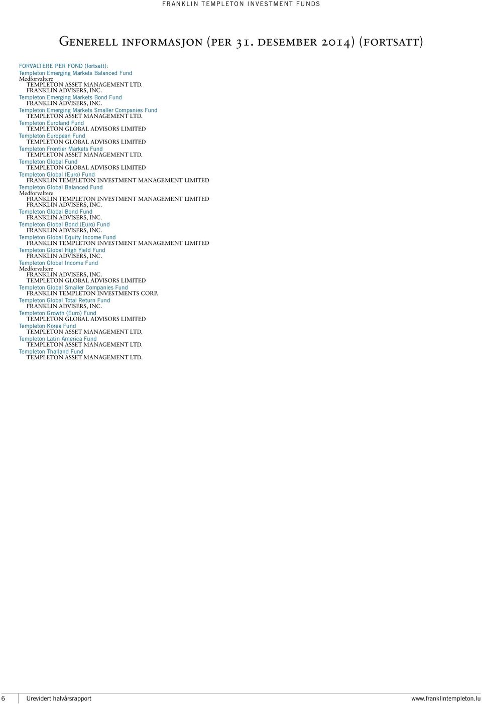 Templeton Euroland TEMPLETON GLOBAL ADVISORS LIMITED Templeton European TEMPLETON GLOBAL ADVISORS LIMITED Templeton Frontier Markets TEMPLETON ASSET MANAGEMENT LTD.