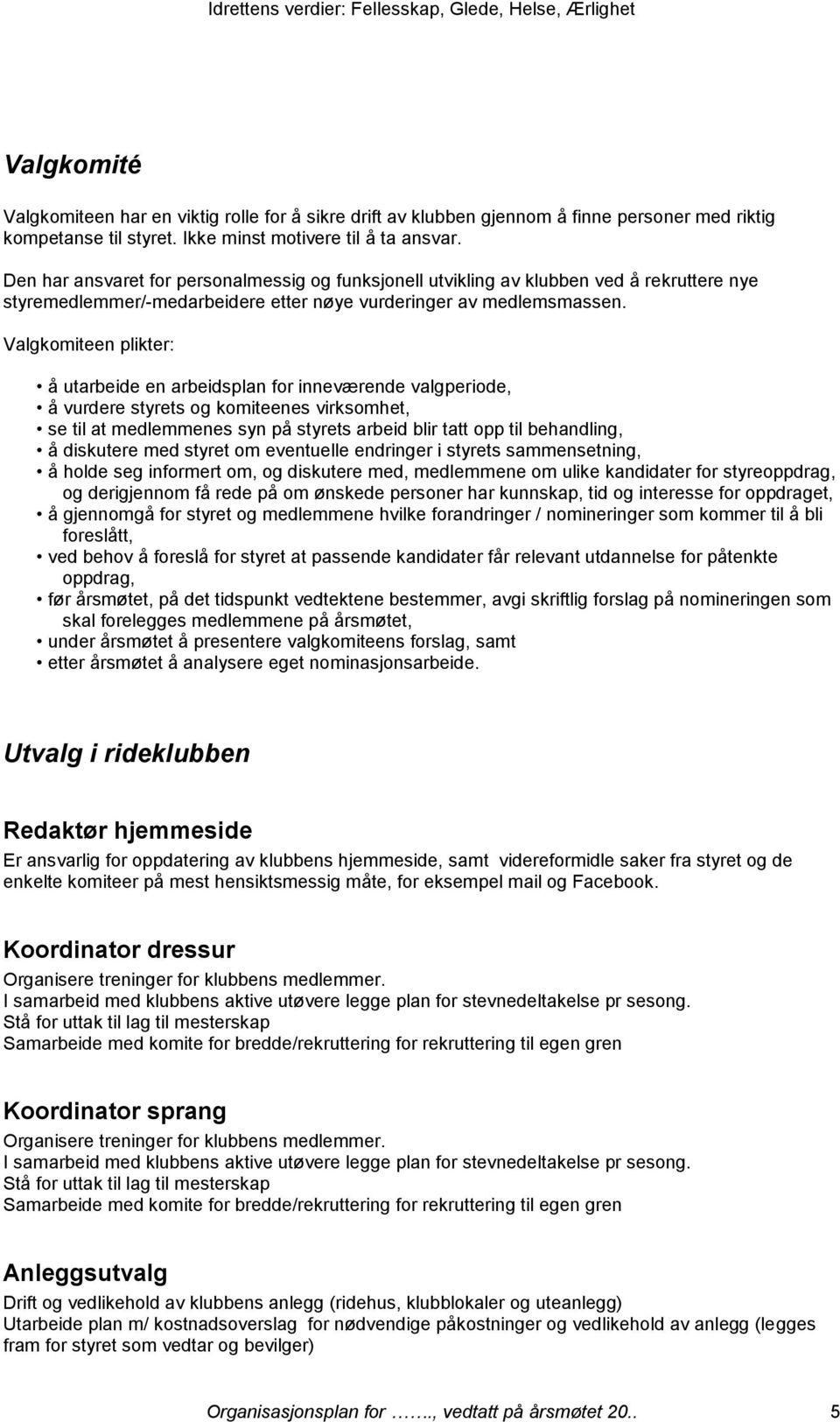 Valgkomiteen plikter: å utarbeide en arbeidsplan for inneværende valgperiode, å vurdere styrets og komiteenes virksomhet, se til at medlemmenes syn på styrets arbeid blir tatt opp til behandling, å