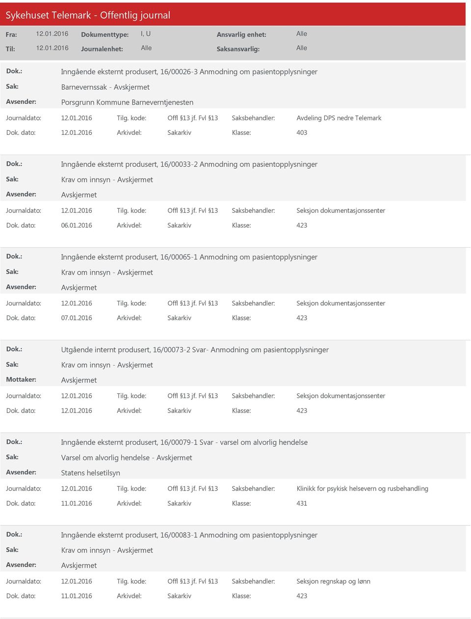 2016 Arkivdel: Sakarkiv Inngående eksternt produsert, 16/00065-1 Anmodning om pasientopplysninger Krav om innsyn - Dok. dato: 07.01.2016 Arkivdel: Sakarkiv tgående internt produsert, 16/00073-2 Svar- Anmodning om pasientopplysninger Krav om innsyn - Dok.