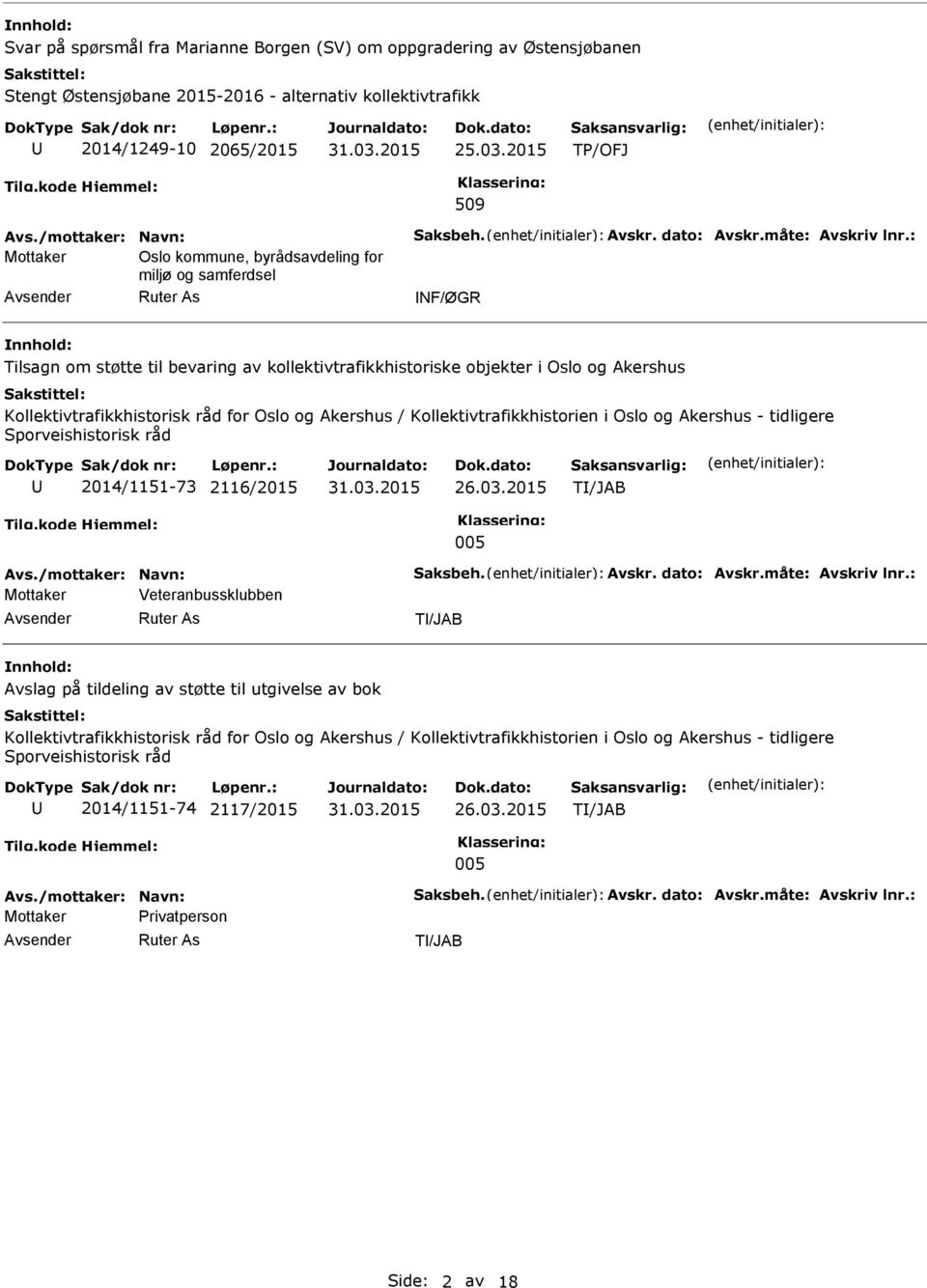 Kollektivtrafikkhistorisk råd for Oslo og Akershus / Kollektivtrafikkhistorien i Oslo og Akershus - tidligere Sporveishistorisk råd 2014/1151-73 2116/2015 T/JAB 005 Mottaker Veteranbussklubben T/JAB