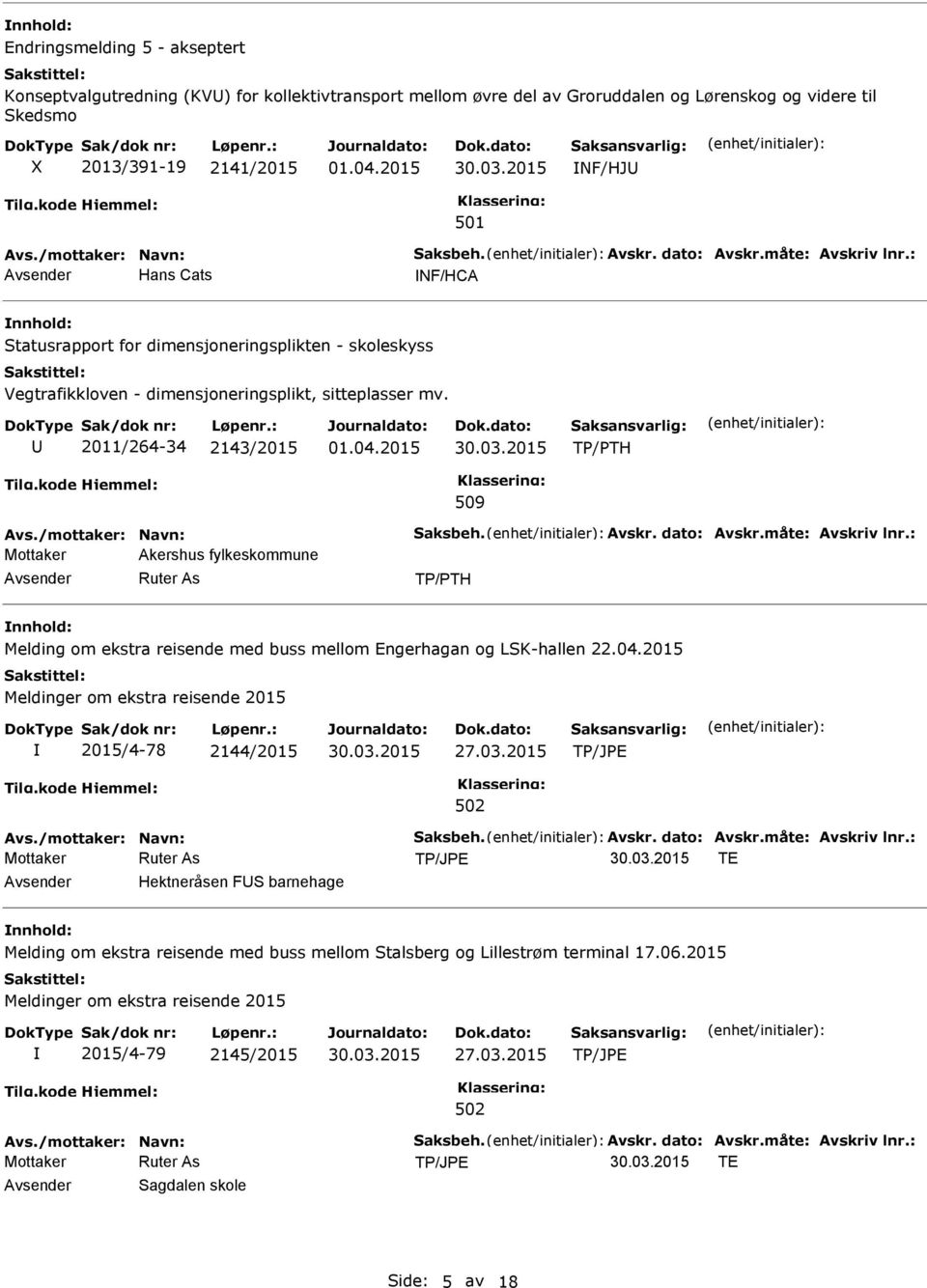 2011/264-34 2143/2015 TP/PTH 509 Mottaker Akershus fylkeskommune TP/PTH Melding om ekstra reisende med buss mellom Engerhagan og LSK-hallen 22.04.