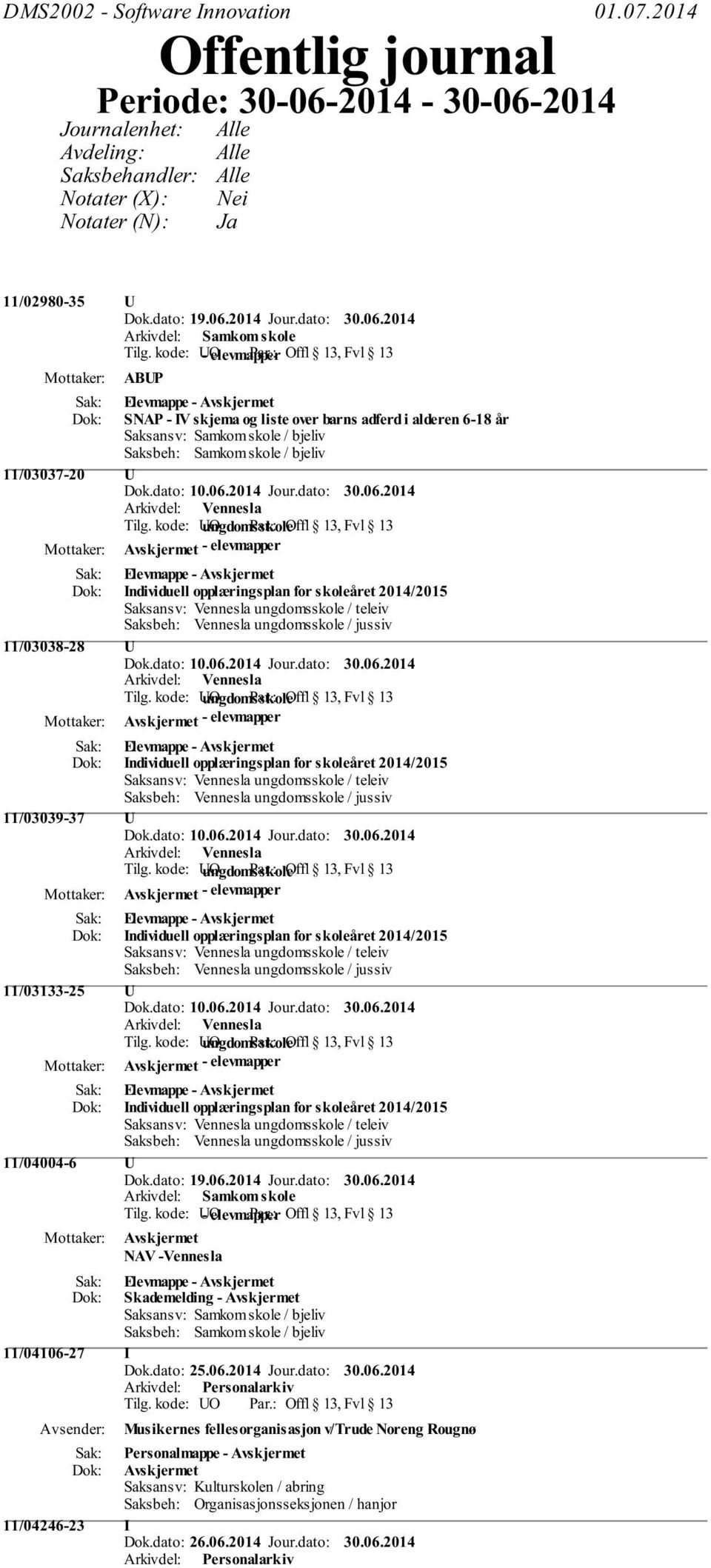 : Offl 13, Fvl 13 ABUP Elevmappe - SNAP - IV skjema og liste over barns adferd i alderen 6-18 år 11/03037-20 U - elevmapper Elevmappe - Individuell opplæringsplan for skoleåret 2014/2015 11/03038-28