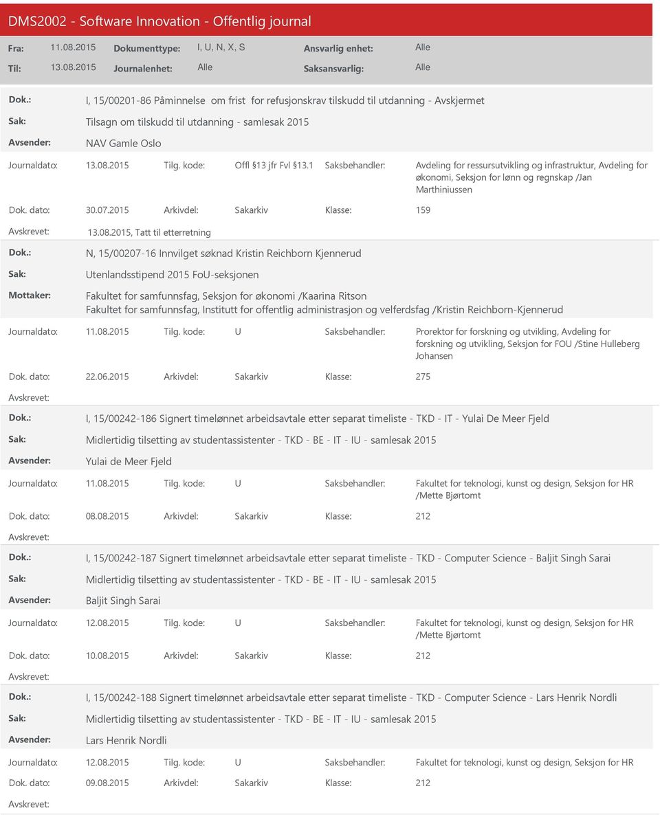 2015 Arkivdel: Sakarkiv 159, Tatt til etterretning N, 15/00207-16 Innvilget søknad Kristin Reichborn Kjennerud tenlandsstipend 2015 Fo-seksjonen Fakultet for samfunnsfag, Seksjon for økonomi /Kaarina