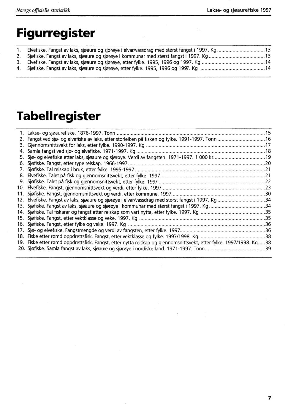 Fangst av laks, sjøaure og sjørøye, etter fylke. 1995, 1996 og 1997. Kg 14 Tabellregister 1. Lakse- og sjoaurefiske. 1876-1997. Tonn 15 2.