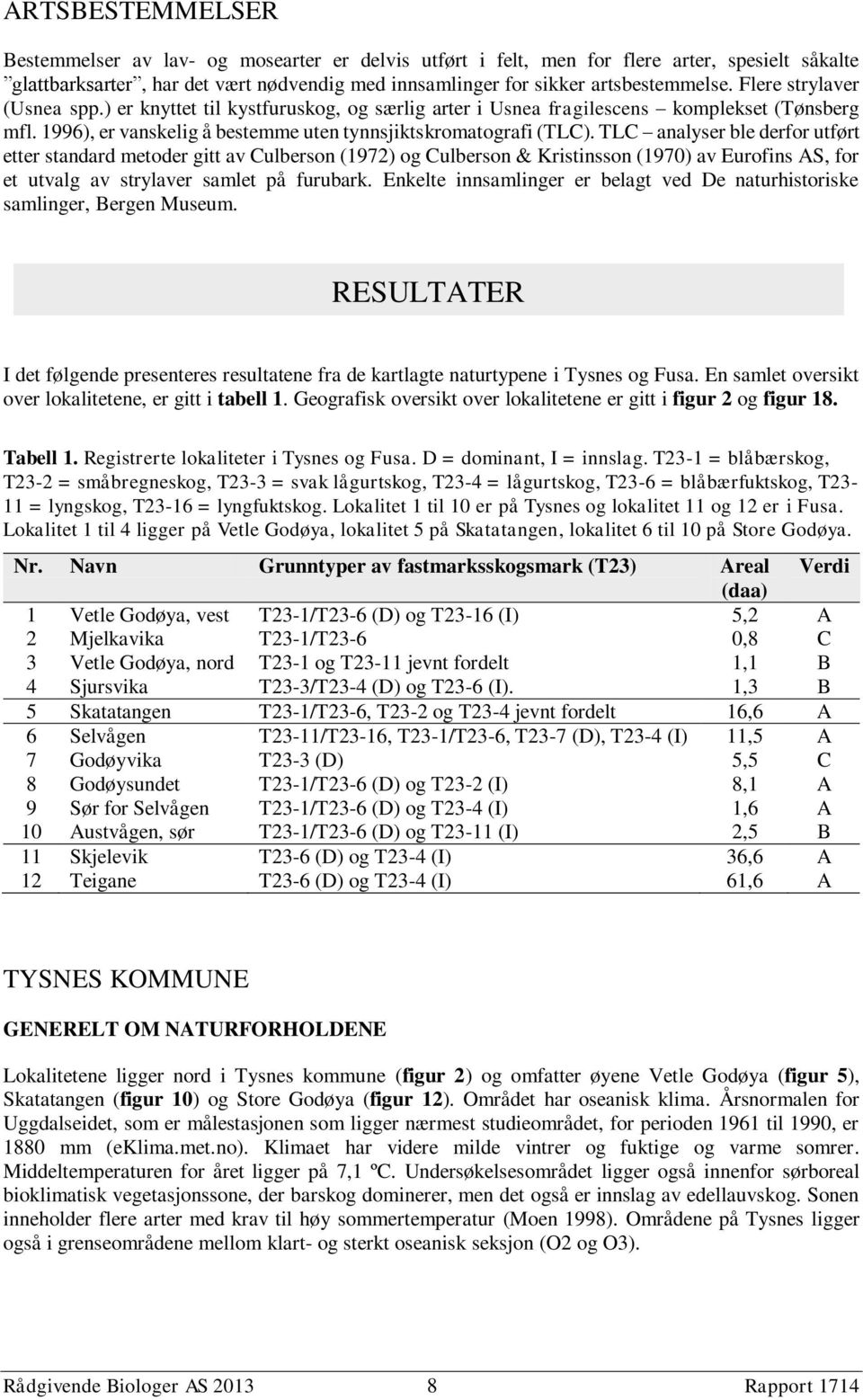 TLC analyser ble derfor utført etter standard metoder gitt av Culberson (1972) og Culberson & Kristinsson (1970) av Eurofins AS, for et utvalg av strylaver samlet på furubark.