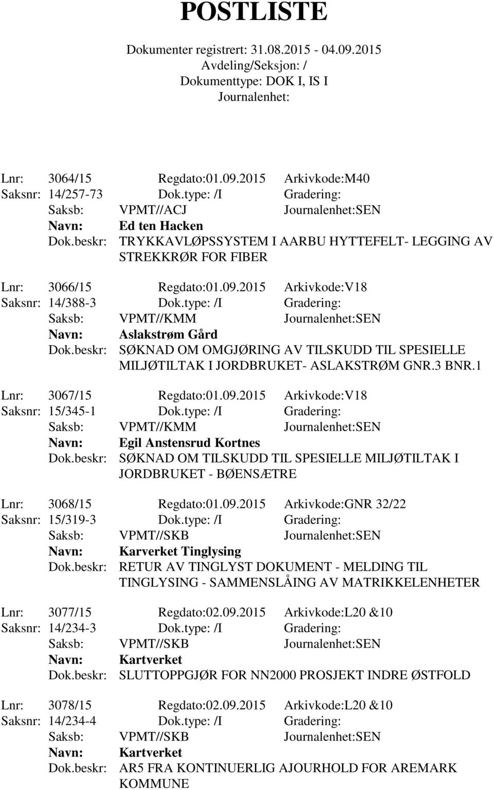 type: /I Gradering: Saksb: VPMT//KMM SEN Aslakstrøm Gård Dok.beskr: SØKNAD OM OMGJØRING AV TILSKUDD TIL SPESIELLE MILJØTILTAK I JORDBRUKET- ASLAKSTRØM GNR.3 BNR.1 Lnr: 3067/15 Regdato:01.09.