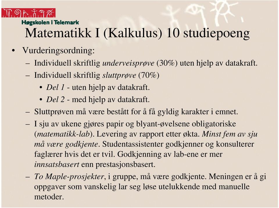 I sju av ukene gjøres papir og blyant-øvelsene obligatoriske (matematikk-lab). Levering av rapport etter økta. Minst fem av sju må være godkjente.