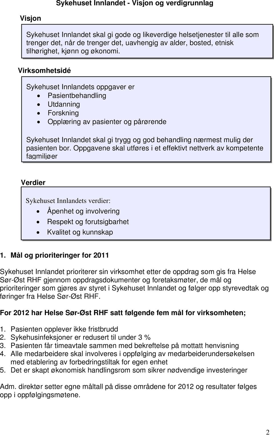 Virksomhetsidé Sykehuset Innlandets oppgaver er Pasientbehandling Utdanning Forskning Opplæring av pasienter og pårørende Sykehuset Innlandet skal gi trygg og god behandling nærmest mulig der