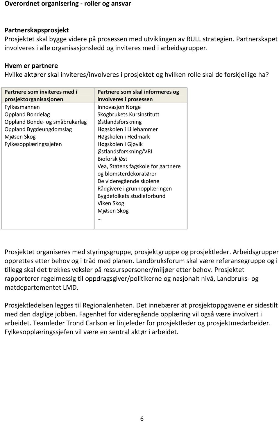 Partnere som inviteres med i prosjektorganisasjonen Fylkesmannen Oppland Bondelag Oppland Bonde- og småbrukarlag Oppland Bygdeungdomslag Mjøsen Skog Fylkesopplæringssjefen Partnere som skal