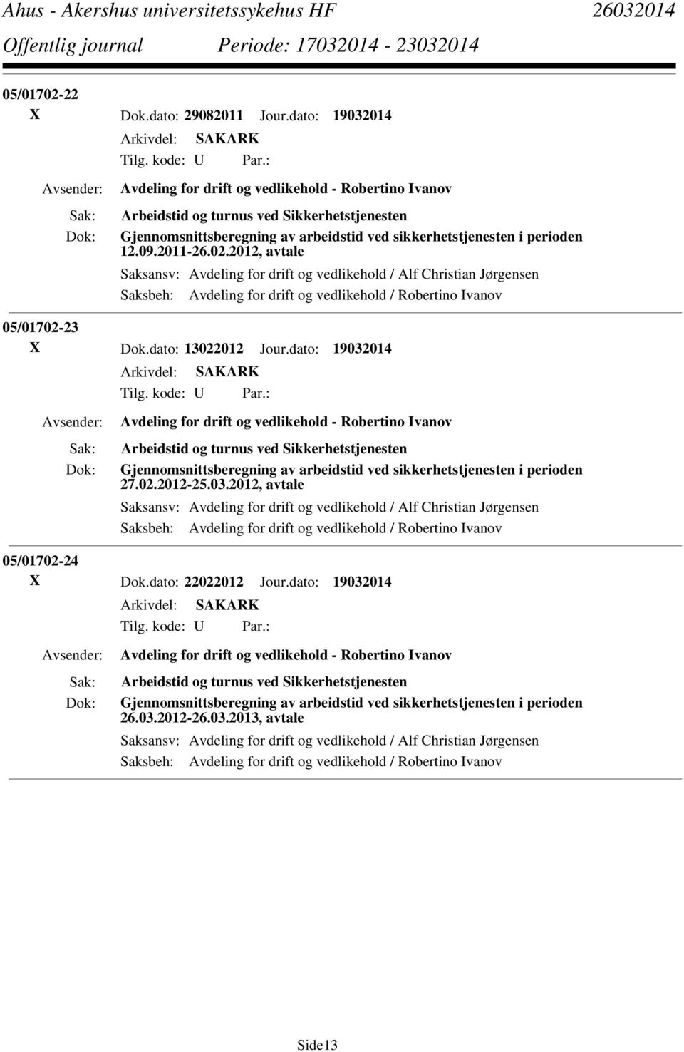 2012, avtale Saksansv: Avdeling for drift og vedlikehold / Alf Christian Jørgensen Saksbeh: Avdeling for drift og vedlikehold / Robertino Ivanov 05/01702-23 X Dok.dato: 13022012 Jour.