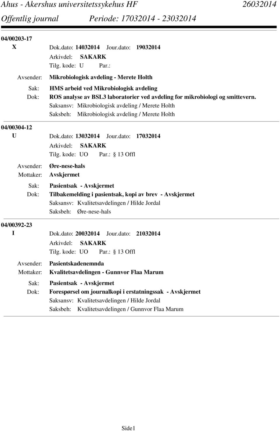 Saksansv: Mikrobiologisk avdeling / Merete Holth Saksbeh: Mikrobiologisk avdeling / Merete Holth 04/00304-12 U Dok.dato: 13032014 Jour.