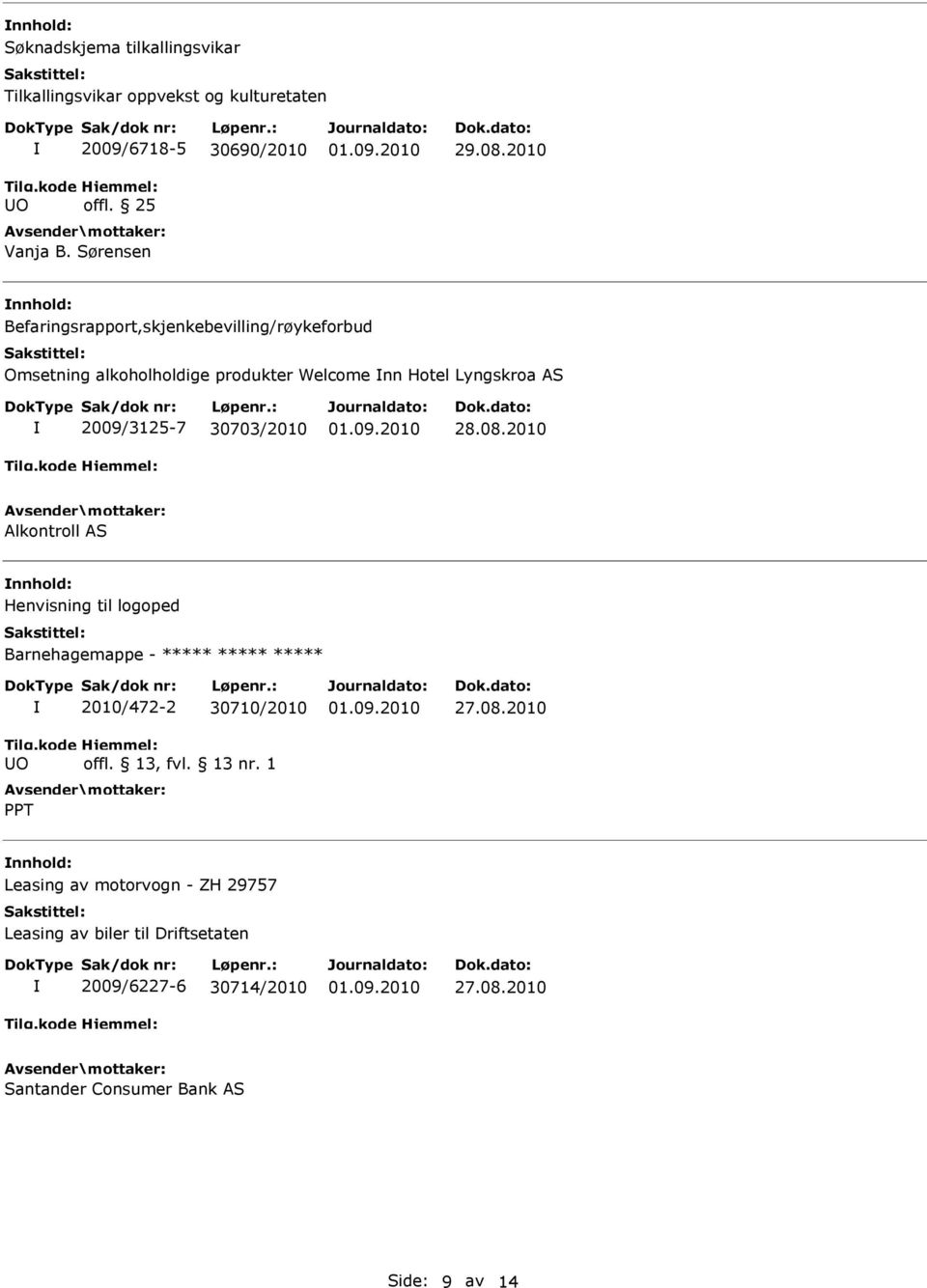 30703/2010 28.08.2010 Alkontroll AS nnhold: Henvisning til logoped Barnehagemappe - ***** ***** ***** 2010/472-2 30710/2010 PPT 27.08.2010 nnhold: Leasing av motorvogn - ZH 29757 Leasing av biler til Driftsetaten 2009/6227-6 30714/2010 27.