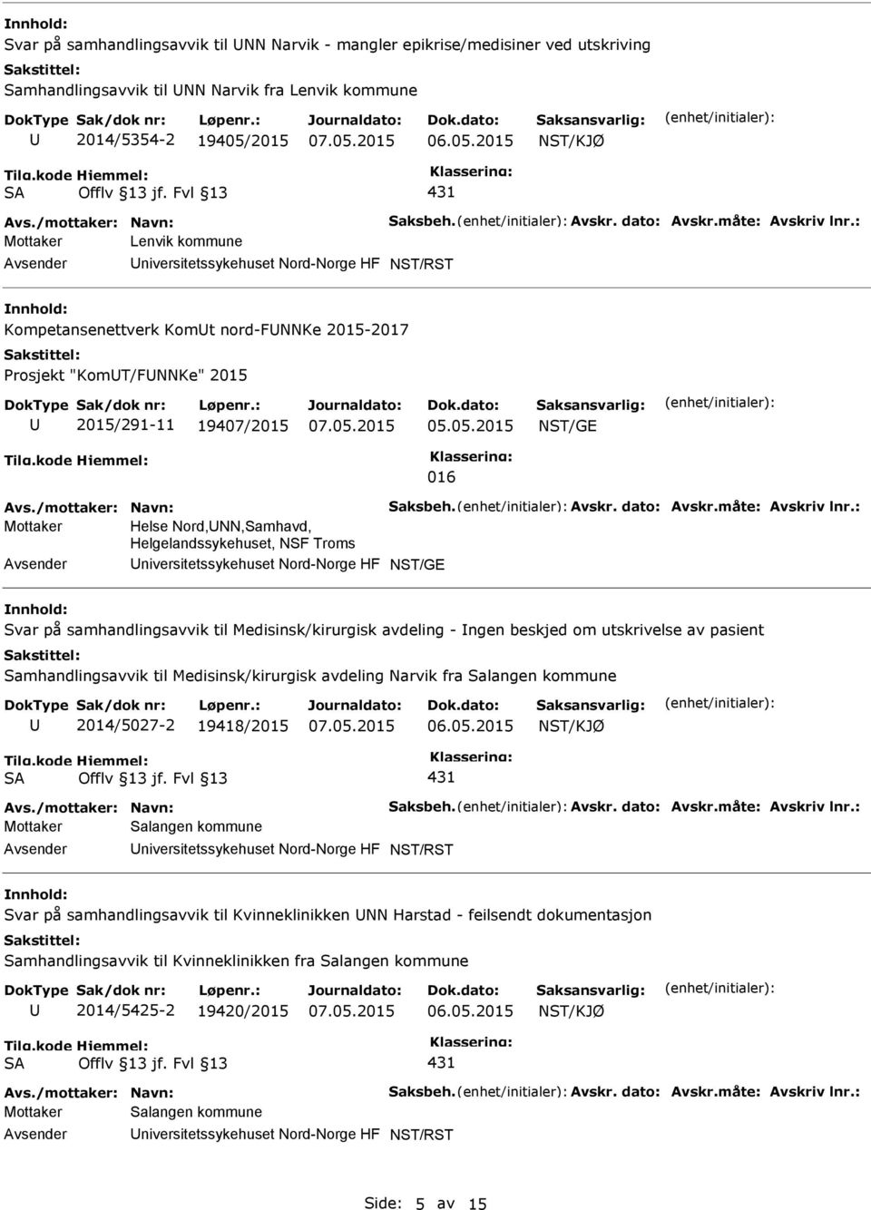 : Mottaker Lenvik kommune niversitetssykehuset Nord-Norge HF NST/RST Kompetansenettverk Komt nord-fnnke 2015-2017 Prosjekt "KomT/FNNKe" 2015 2015/291-11 19407/2015 NST/GE 016 Avs.