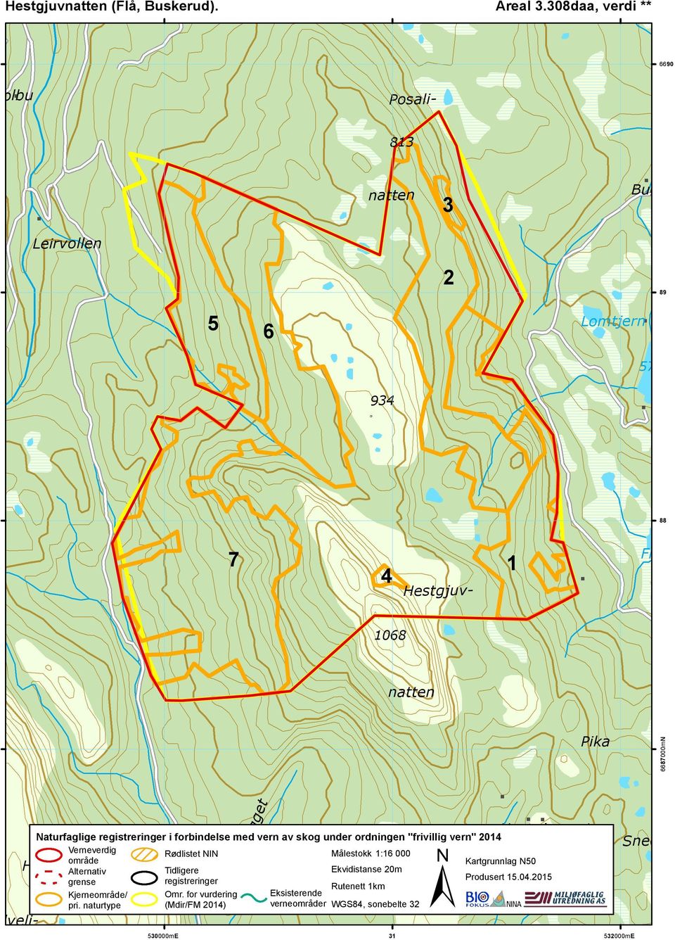Kalveli- Naturfaglige registreringer i forbindelse med vern av skog under ordningen "frivillig vern" 2014 Verneverdig Rødlistet NIN Målestokk 1:16 000 område