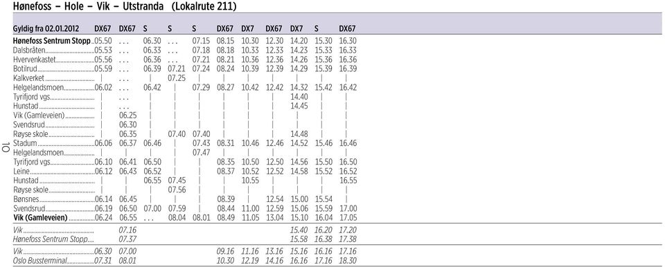 39 12.39 14.29 15.39 16.39 Kalkverket...... 07.25 Helgelandsmoen...06.02... 06.42 07.29 08.27 10.42 12.42 14.32 15.42 16.42 Tyrifjord vgs...... 14.40 Hunstad...... 14.45 Vik (Gamleveien)... 06.25 Svendsrud.