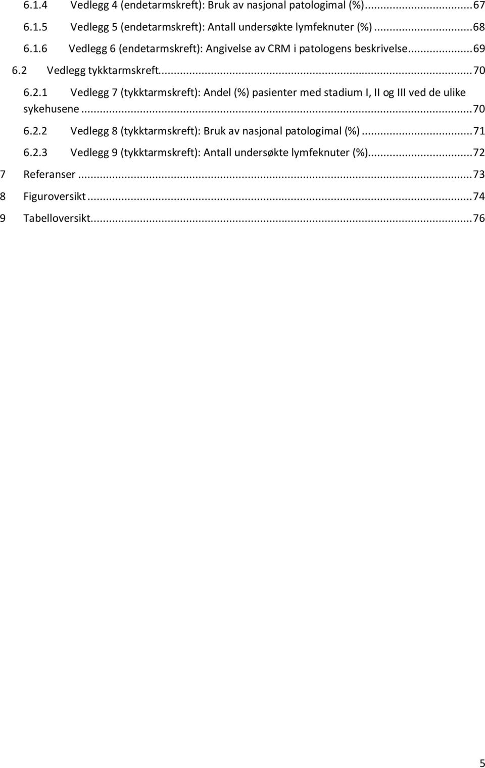 Vedlegg tykktarmskreft... 70 6.2.1 Vedlegg 7 (tykktarmskreft): Andel (%) pasienter med stadium I, II og III ved de ulike sykehusene... 70 6.2.2 Vedlegg 8 (tykktarmskreft): Bruk av nasjonal patologimal (%).