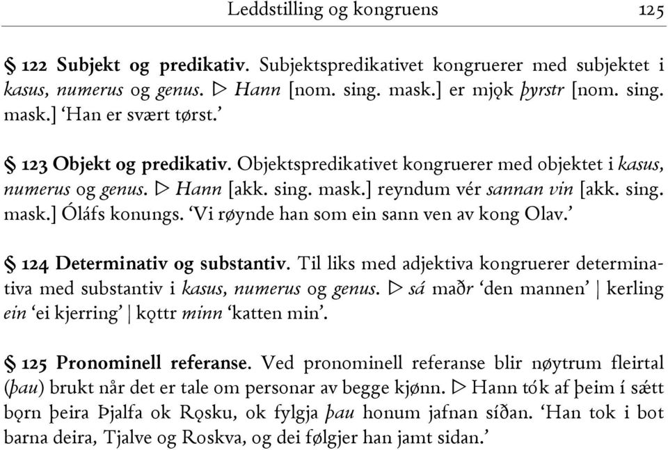 Vi røynde han som ein sann ven av kong Olav. 124 Determinativ og substantiv. Til liks med adjektiva kongruerer determinativa med substantiv i kasus, numerus og genus.