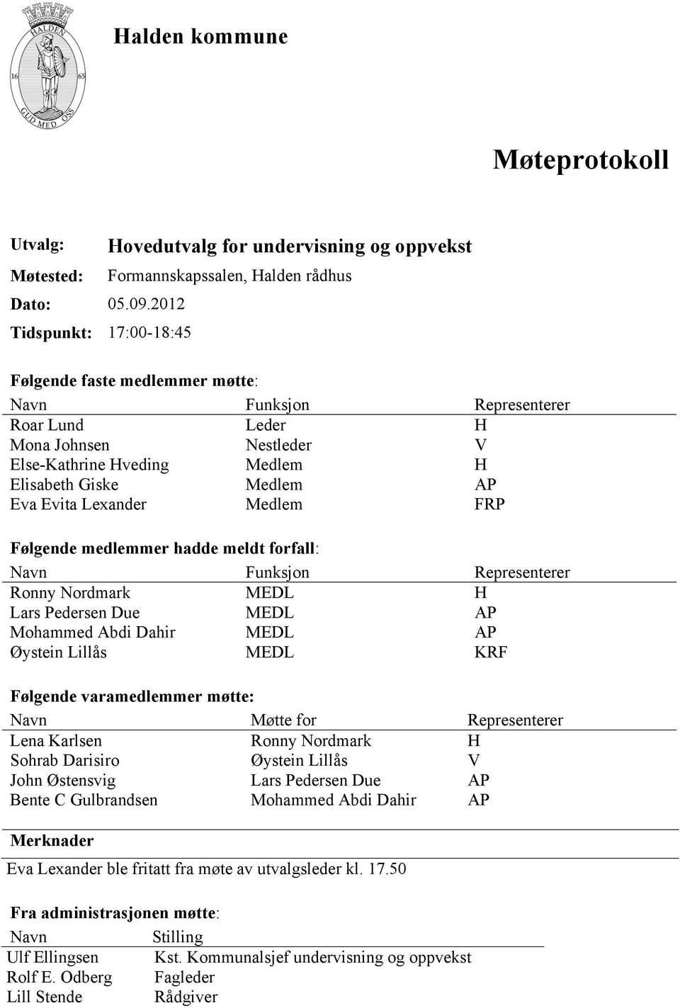 Nestleder V Else-Kathrine Hveding Medlem H Elisabeth Giske Medlem AP Eva Evita Lexander Medlem FRP Følgende medlemmer hadde meldt forfall: Navn Funksjon Representerer Ronny Nordmark MEDL H Lars