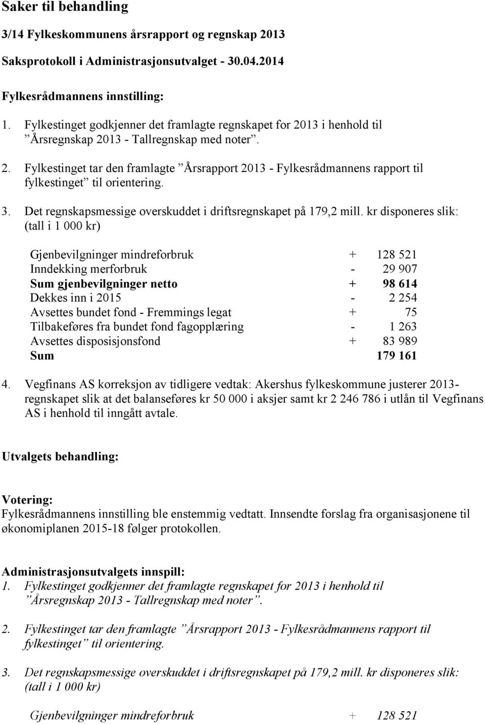 3. Det regnskapsmessige overskuddet i driftsregnskapet på 179,2 mill.